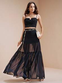 Arave Women's Chiffon Fabric Regular Waist Flared See-Through Overlay Design Casual Skirt - Navy Blue - View 6