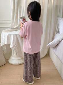 Dazy Kids 女童（小号）圆领针织短袖T恤+梭织格纹长裤家居服，春夏款 - 淺粉色 - 查看 2