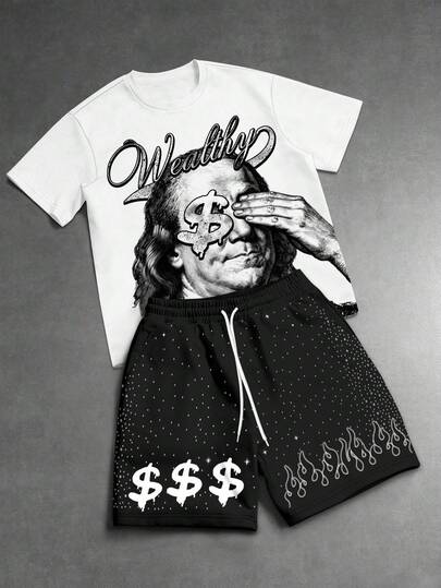 Manfinity EMRG 男士黑白撞色富兰克林美元印花短袖T恤+短裤两件套，休闲街头风夏季假日派对装扮