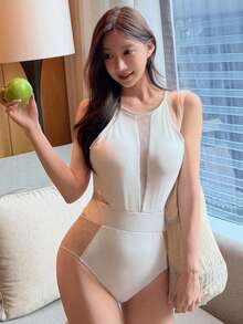 DAZY Women's Sleeveless One-Piece Polka Dot Mesh Patchwork Sexy Casual Solid Color Swimsuit Beach Golf Outfit Summer White - White - View 6