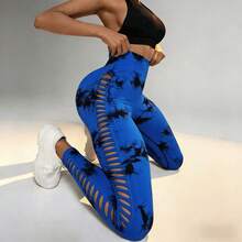 High Performance Tie Dye Leggings With Lace - For Yoga And Workout - 藍色 - 查看 5