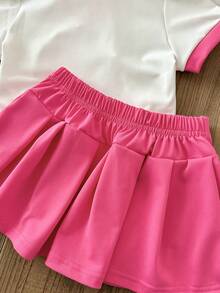 SHEIN 2件組女嬰幼兒新生兒0-3歲淺粉色夏季休閒圖案運動風V領POLO短袖T恤上衣與百褶裙套裝 - 粉色 - 查看 6