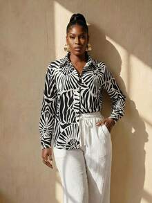 BamGlimmer Spring Valentine's Day New Year Holiday New Design Striped Shirt Collar Black & White Printed Blouse, Fashion Minimalist Casual Hip-Hop Style, Suitable For Daily Wear, Back To School, Party, Casual Afternoon Tea Gathering, Fashionable Women - Black and White - View 6