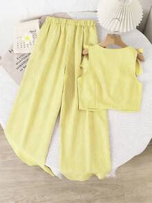 SHEIN Set de 2 piezas Conjunto casual de chaleco sin mangas y pantalones de pierna ancha con cintura elástica para adolescentes, verano - Amarillo - Ver 2