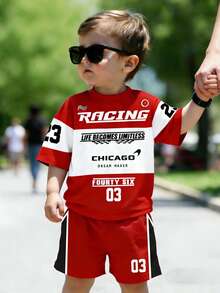 Bộ đồ thể thao đường phố thường ngày cho bé trai, gồm áo thun ngắn tay và quần short kẻ sọc phối màu tương phản hình số 23 và xe đua, thích hợp cho hoạt động ngoài trời, thể thao, đua xe, đua kart, đi học, mùa xuân/hè. - Nhiều màu - Xem 1