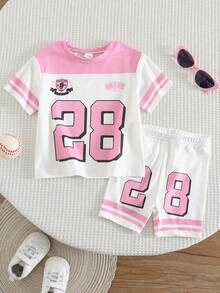 Baby Girl Casual Minimalist Round Neck Loose Short Sleeve T-Shirt And Skinny Bike Shorts Set, Suitable For Spring/Summer - Pink - View 3