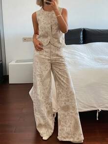 DAZY Bộ đồ denim nữ cổ tròn in họa tiết gồm áo gile và quần jeans ống đứng dáng rộng, kiểu dáng đi nghỉ mát. - trắng - Xem 3
