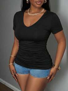 Slaydiva Plus Size Women's Casual Basic Deep V-Neck Short Sleeve Black T-Shirt With Chest Pads, Suitable For Music Festivals - White - View 4