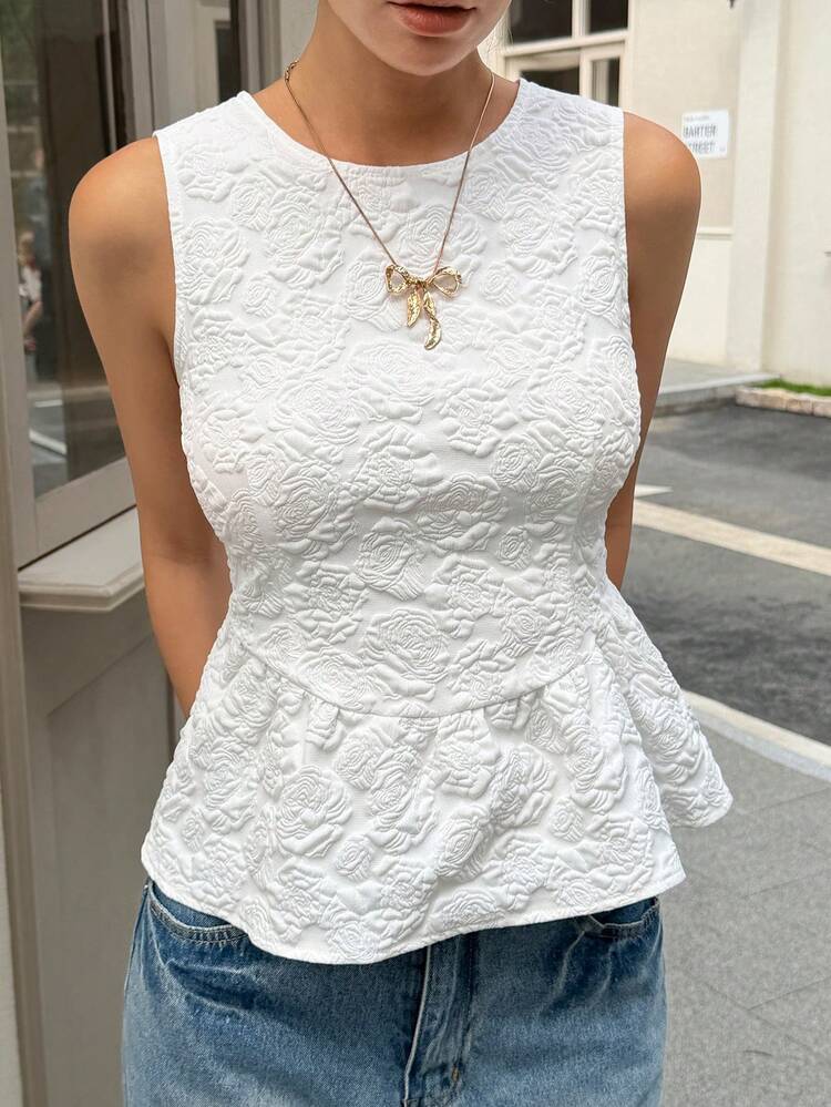 Women's Summer Floral Textured Fabric Round Neck Sleeveless Waist Cinched French Design Vest