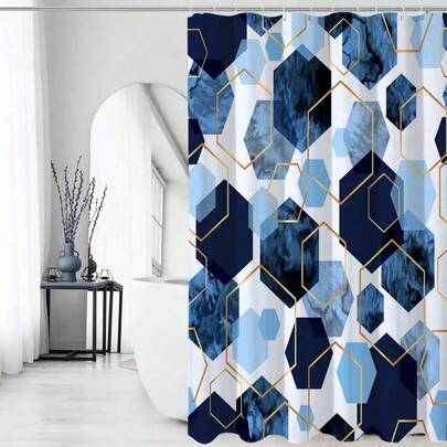 1 st badrumsset i blått och guldfärgat geometriskt marmor, duschdraperi i modern konststil (180x180 cm), inkluderar halkfri badrumsmatta, konturmatta och toalettlock, perfekt för badrumsinredning och renovering.