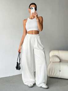 SHEIN Tall 女士秋季街头风休闲复古灯芯绒纹理长款宽松裤 - 白色 - 查看 6