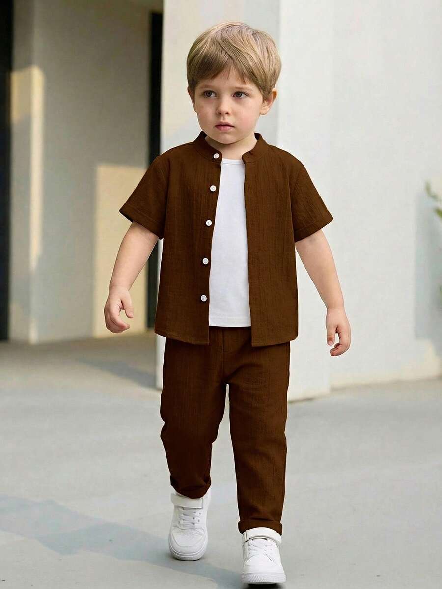 SHEIN Vintaside Kids 男童纯色纹理短袖衬衫+配套纹理长裤两件套，百搭舒适，适合日常穿着、户外活动、旅行、上学、春夏穿着。 - 咖啡棕 - 查看 1