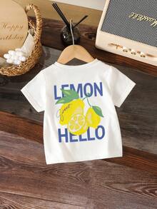 SHEIN Playful Pals Baby Boy White Summer Casual Cute Lemon Print Vacation Holiday Fashion Soft Short Sleeve Top,Toddler Boys Clothing,Spring Summer Outfits,Photography - White - View 5