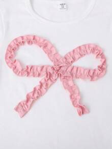 SHEIN Sparklyn 2 件套少女甜美可爱白色荷叶边蝴蝶结装饰圆领短袖短款 T 恤和黑色阔腿裤粉色蝴蝶结套装，适合日常、通勤、与朋友聚会、度假穿着 - 彩色 - 查看 6