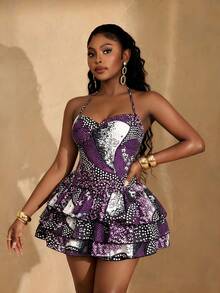 Lunelith SHEIN Lunessa Váy ngắn cổ yếm xếp tầng, họa tiết in toàn thân, có bèo nhún, thích hợp cho kỳ nghỉ. - Nhiều màu - Xem 3