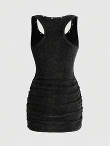 ROMWE Grunge Punk Summer Festival Punk Cross Print Rhinestone Vintage Wash Mini Dress For Women - Black - View 2