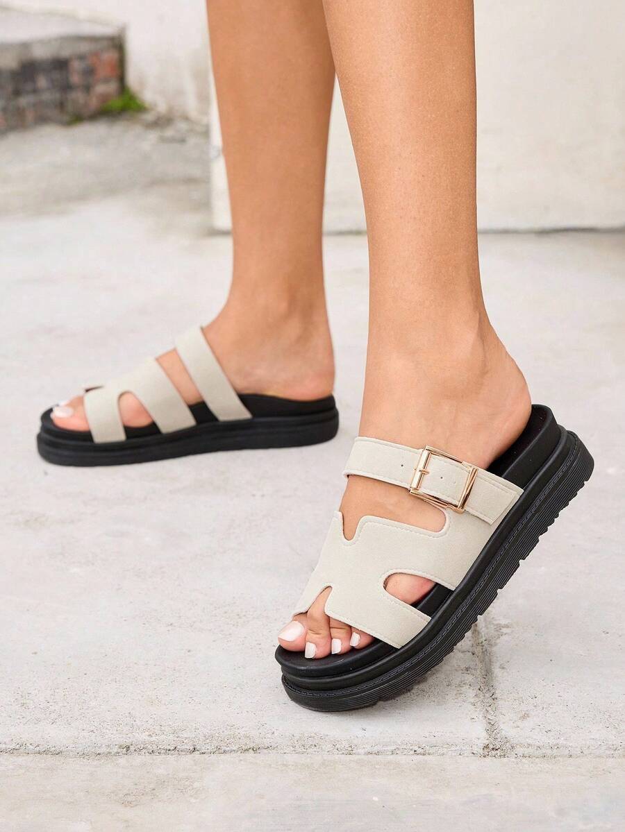HighSole 女士搭扣设计休闲厚底凉鞋,适合日常穿着,圣诞节也适用 - 米色 - 查看 1