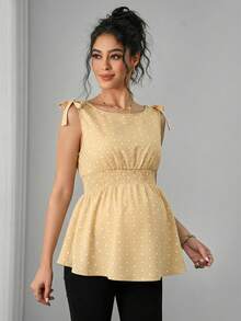 Momance Áo tank top bầu không tay, kiểu dáng xoắn phía trước, họa tiết chấm bi, thích hợp cho mùa xuân/hè. - Màu vàng - Xem 4