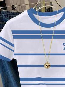 Resyla Women's Casual Striped Bow Print Round Neck Short Sleeve T-Shirt, Summer - Blue - View 3
