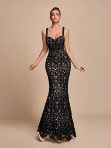SHEIN PETITE Women's Black Lace Long Dress Gown ,Petite Women - Black - View 4