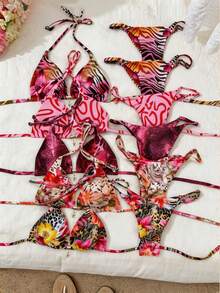 Elavelle Conjunto de bikini sexy con estampado aleatorio y tirantes finos para mujer, atuendos de verano - Multicolor - Ver 9