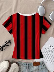 Tween Girls' Fitted Casual Comfortable Round Neck Long Slim Fit Short Sleeve T-Shirt, Suitable For Summer, Classic Cool Striped Graphic Print, New York City Text Graphic Print, Suitable For Sports - Multicolor - View 2