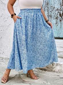 SHEIN CURVE+ Falda acampanada de cintura alta con estampado floral verde para tallas grandes, Curve Plus, Hoho Vacation - Azul - Ver 3