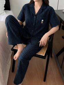 DAZY Checked Cartoon Embroidered Short Sleeve Top And Long Pants Pajama Set With Front Button - Navy Blue - View 2