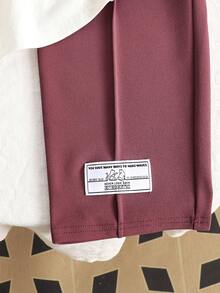 SHEIN Serisse Kids Tween Girls' Lavender Spring/Summer Knit Round Neck Loose Patchwork Print 7/8 Sleeve Wide Leg Pants Casual Black School Back-To-School 2 Pieces Set - Dusty Pink - View 6