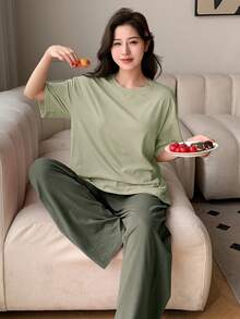 DAZY Simple Monochrome Short Sleeve Top & Long Pants Home Clothes Set, Outfits Pajama - Green - View 3