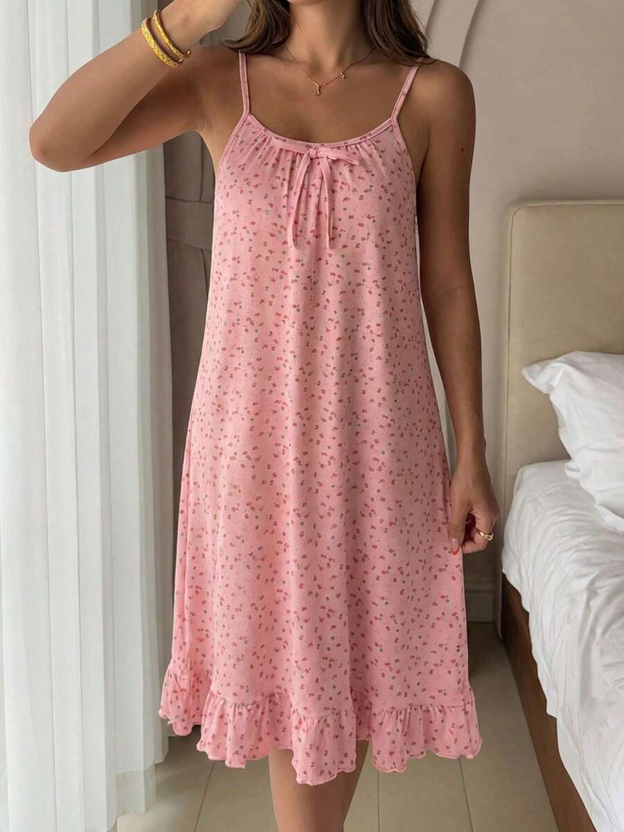 DAZY Floral Minimalist Daily Wear Sleeveless Ruffle Hem Women's Nightgown Pajama - Pink - View 1
