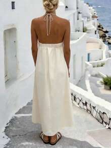 SHEIN Holidaya Summer Vacation Floral Print Beaded Detail Halter Neck Dress - Apricot - View 2