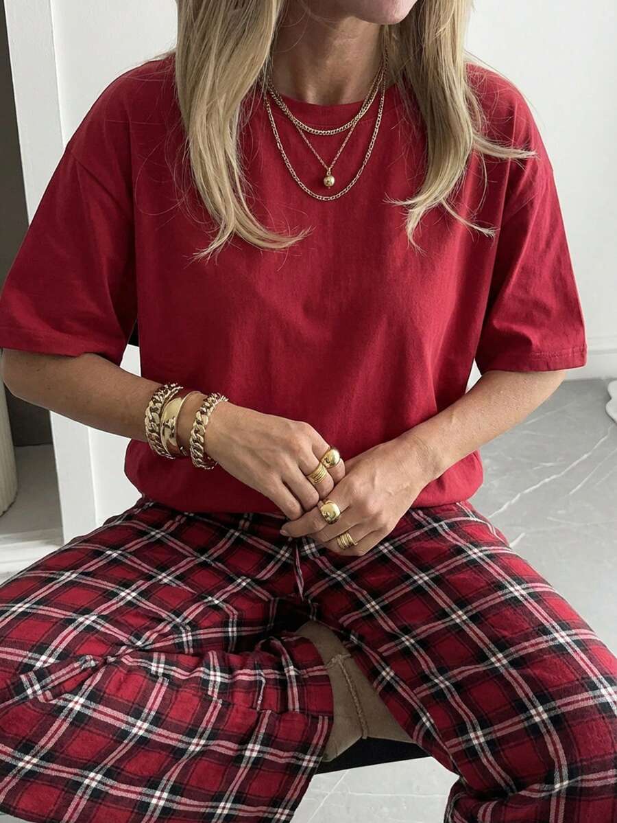DAZY Casual Loose Plaid Top And Pants Home Wear Outfit Red Pajama Lounge Set - Red - View 1