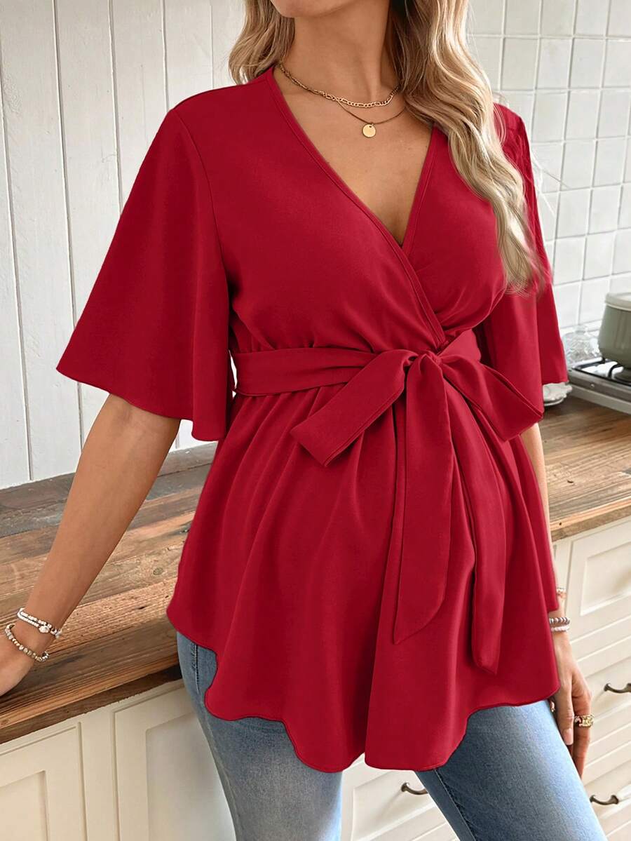 SHEIN Áo bầu cổ chữ V viền bèo có thắt lưng, áo kiểu nữ thường ngày, áo kiểu nữ, quần áo bà bầu mới, trang phục thường ngày cho nữ. - Màu Đỏ Sâu - Xem 1