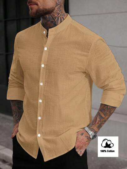 Manfinity CasualCool Áo sơ mi nam dài tay cổ đứng, màu trơn, cài cúc phía trước, kiểu dáng thường ngày.