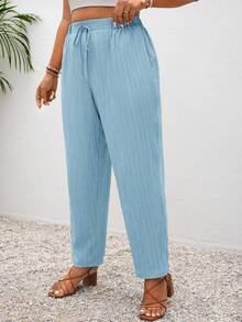 SHEIN Frenchy Plus Size Vacation Solid Color Knotted Casual Pants With Pockets - Baby Blue - View 6