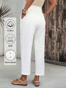 EMERY ROSE Women's Solid Color Ruffle Waistband Button Design Casual Pants Summer Holiday Outfits  Summer Outfit For Women Women's Country Pants White Pants White Trousers For Women Linen Pants For Women Zenske Pantalone Straight Pants For Women - White - View 2