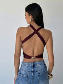 Aloruh Áo hai dây ôm sát, màu trơn, không lưng, kiểu đan chéo, dành cho nữ mùa hè. - Màu tím - Xem 6