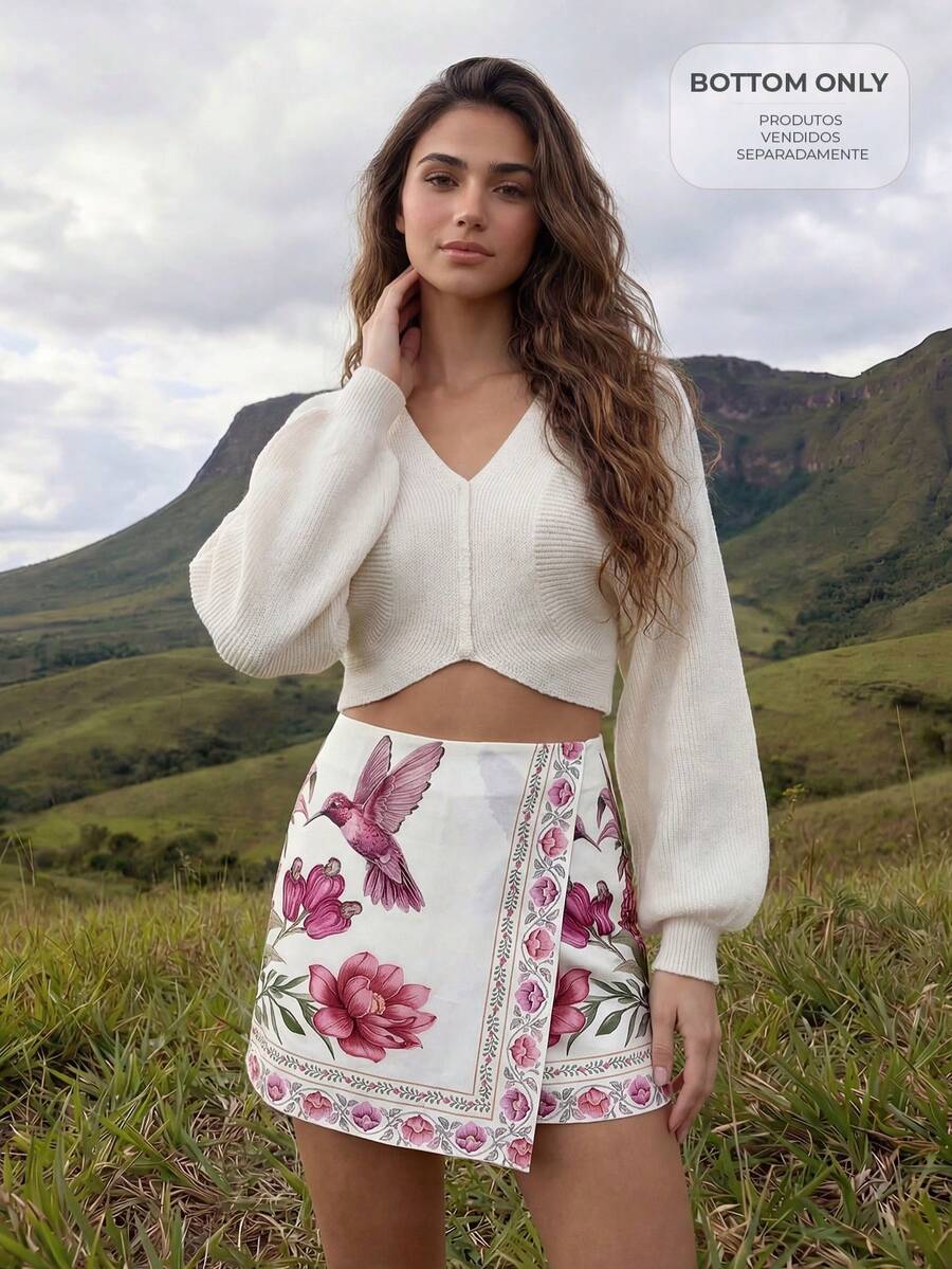 CAJUNI Chân váy thời trang mùa hè phong cách Bohemian in họa tiết nhiệt đới màu trắng - Màu be - Xem 1