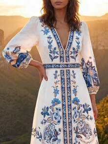 CAJUNI Vestido casual de mujer con estampado floral, cuello en V y mangas farol, para primavera/verano - Beis - Ver 5