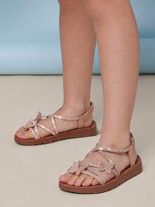 Mini mi #ButterflyBloom Girls' Rhinestone Butterfly Elastic Back Strap Rose Gold Multi-Strap Sandals – Glittering Elegance, Easy To Wear & Comfy Fit. - Rose Gold - View 2