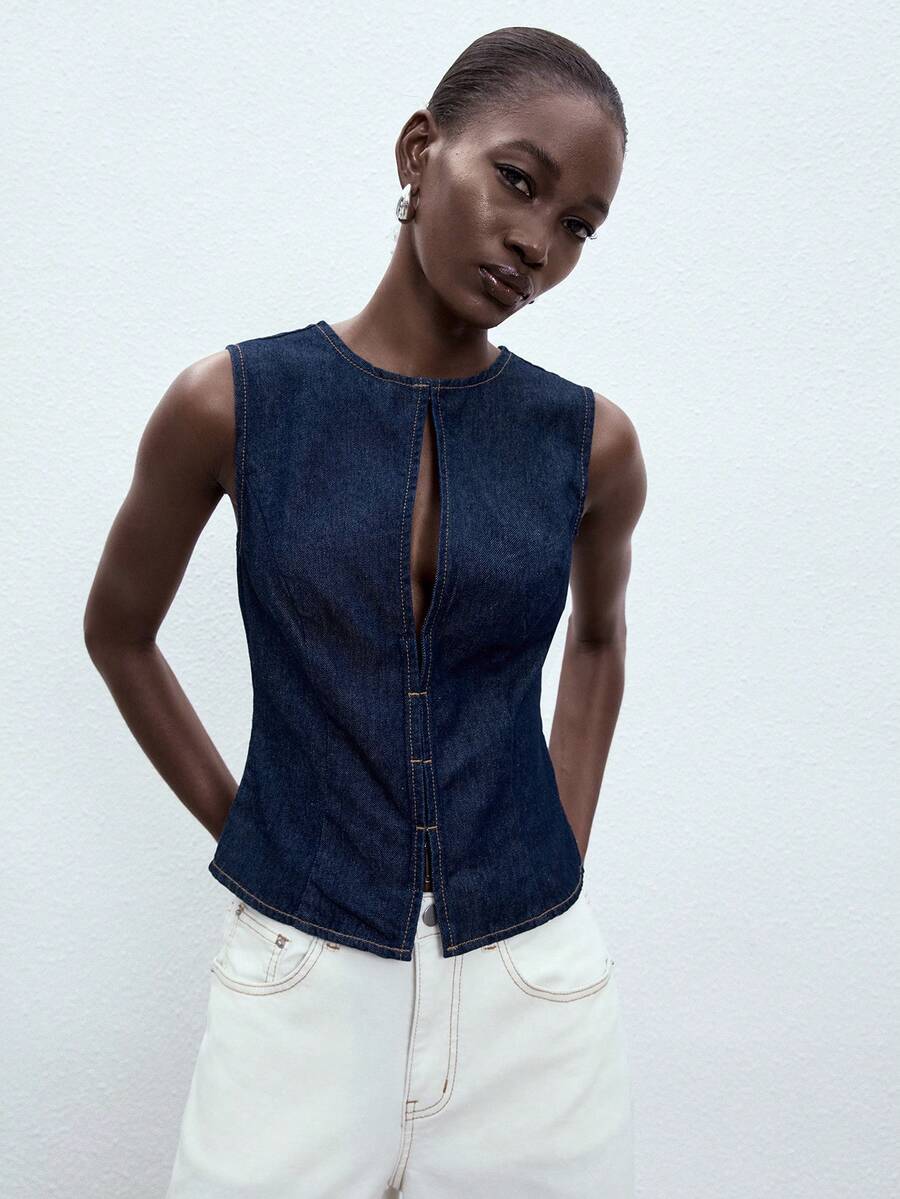 ATUI Studio Áo denim nữ trơn màu cổ tròn không tay khoét lỗ kiểu dáng thường ngày - Màu xanh hải quân - Xem 1