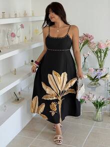 GalTyme 大码印花无袖休闲连衣裙 - 黑色 - 查看 4