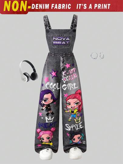 SHEIN Tween Girls' Knit Star Print Suspender Pants, Suitable For Back To School, Personalized Clothing For Spring, Summer, Autumn