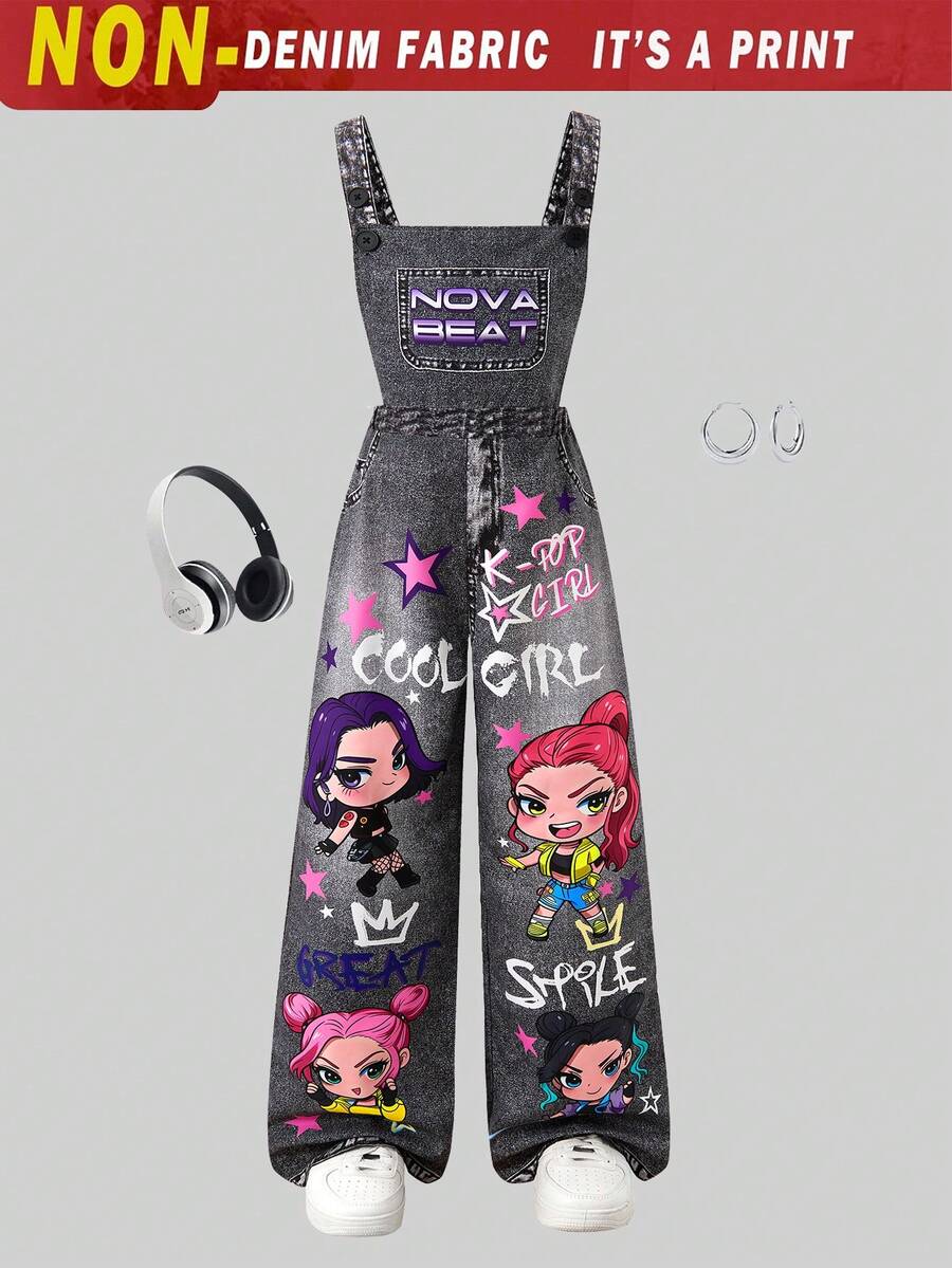 SHEIN Pantalones de tirantes con estampado de estrellas de punto para niñas preadolescentes, adecuados para volver al colegio, ropa personalizada para primavera, verano y otoño
