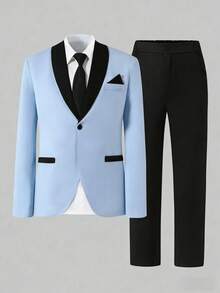 Young Men's Fitted Polyester Baby Blue Colorblock Shawl Collar Long Sleeve Prom Suit Set With Pocket Design - Baby Blue - View 3