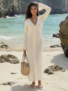 ROMWE Hippie Áo khoác cardigan dài nữ mùa hè, giả móc tay, họa tiết lưới. - Màu be - Xem 3