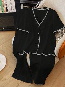 SHEIN LUNE 大码优雅提花针织蕾丝边休闲通勤外套及长裤套装，适合派对、下午茶、春夏穿着 - 黑色 - 查看 1