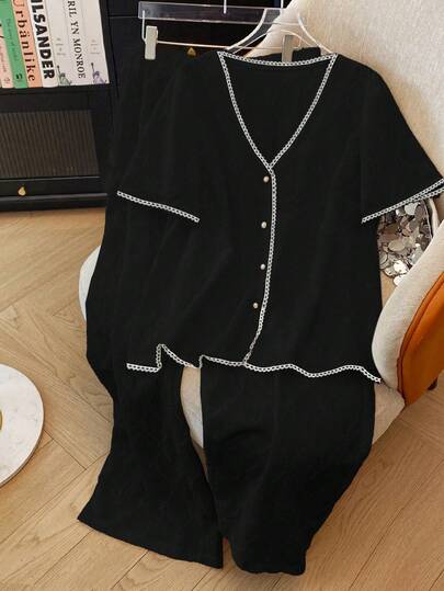 SHEIN LUNE Plus Size Elegant Jacquard Knit Lace Trim Casual Commuter Jacket & Pants Set, Suitable For Party, Afternoon Tea, Spring & Summer