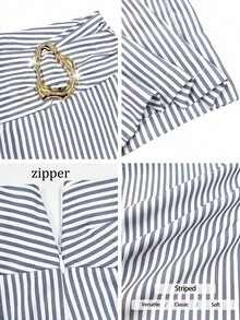 Estos pantalones casuales de mujer a rayas grises y blancas, adornados con hebillas de metal irregulares, ofrecen una silueta esbelta y sexy, adecuados para el uso diario, looks estilosos, ir y venir, y trabajo o salidas durante todo el año. Ya sea para el trabajo o el ocio, realzan perfectamente la figura, haciendo que las piernas parezcan talla grande rectas y las cinturas talla grande delgadas. Un artículo imprescindible para crear looks de primavera y verano sin esfuerzo. - Gris - Ver 5